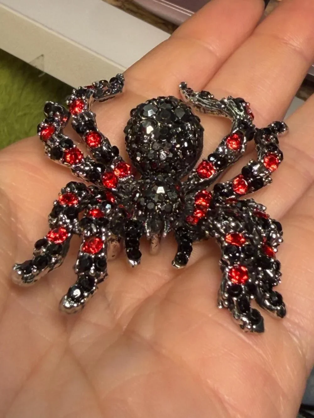 Spider Brooch Black Red Crystal 3D Rhinestone Statement Pin 2.75”